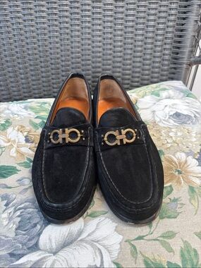 Salvatore Ferragamo Black Suede Men's Loafers with Gold Hardware Size 8D